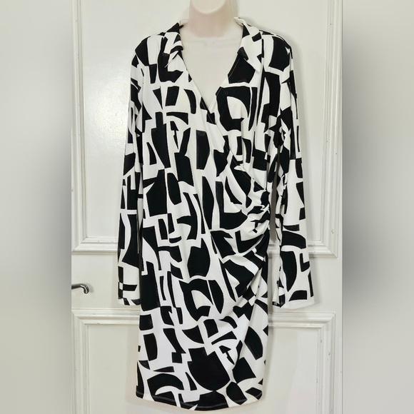 H&M Black & White Monochrome Pattern Faux Wrap Long Sleeve Dress,X-Large - Picture 1 of 16